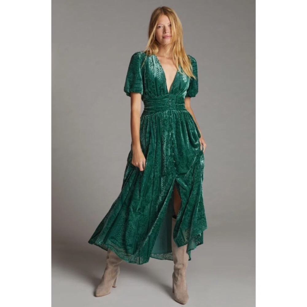 Anthropologie Puff Sleeves Burnout Velvet Maxi Dress